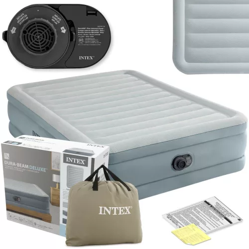 Felfújható vendégágy, Intex Queen Prémium Comfort, 203 x 152 x 46 cm, szarufa mintás, kétszemélyes, megerősített szálas belső szerkezet, beépített elektromos pumpával, fejtámlával, 272 kg teherbírással (64824)