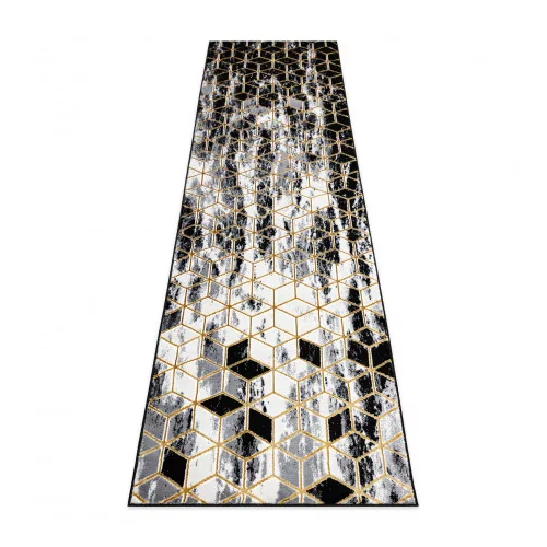 TOP! Kab. Modern GLOSS szőnyeg, futószőnyeg 409A 82 Kocka elegáns, glamour, art deco fekete / szürke / arany 60x200 cm