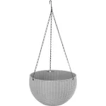 TOP! Függő virágcserép, Strend Pro Garden Modern, sötétszürke, átmérő: 26 cm, magasság: 16 cm, lánccal és akasztóval, rattan hatású, kerek