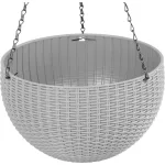 TOP! Függő virágcserép, Strend Pro Garden Modern, sötétszürke, átmérő: 26 cm, magasság: 16 cm, lánccal és akasztóval, rattan hatású, kerek