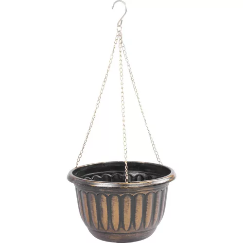 TOP! Függő virágcserép, Strend Pro Garden, arany/fekete, átmérő: 24,5 cm, magasság: 15 cm, lánccal és akasztóval, műanyag, antikolt, kerek