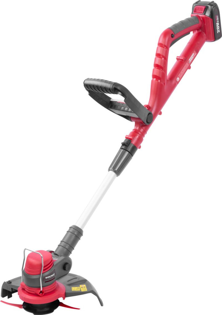 Akkumulátoros fűkasza, Worcraft CGT-S20LiSTA ShareSYS, piros/fekete, 24 cm, 2 Ah 20 V Li-Ion, 9000 fordulat/perc, teleszkópos nyél, tartozékokkal, akkumulátorral és töltővel