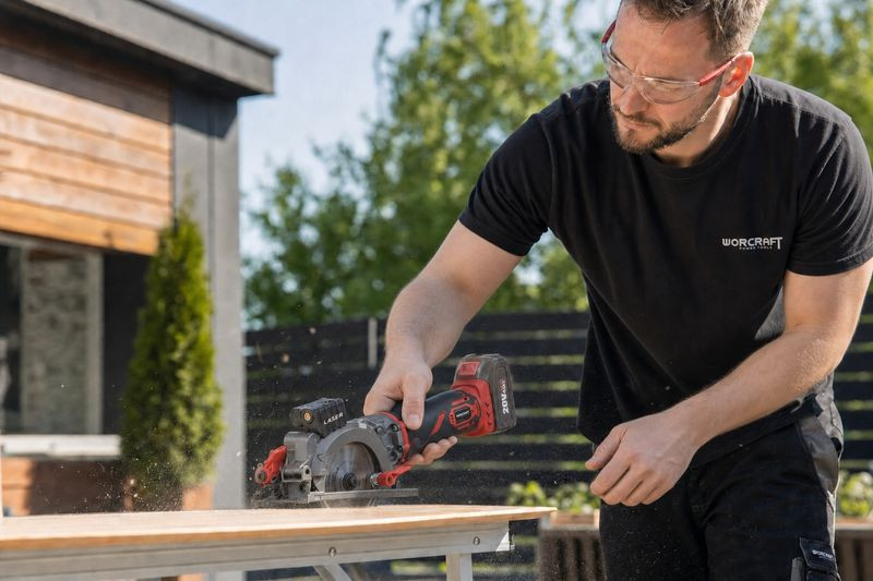 Akkumulátoros körfűrész, Worcraft CMCS-S20LiB ShareSYS, mini, 4 Ah 20 V Li-Ion, 115 mm tárcsa, 5000 fordulat/perc, 42,8 cm vágásmélység, merülővágás