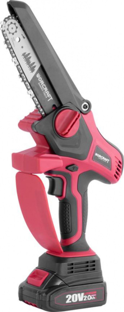 Akkumulátoros láncfűrész, Worcraft CHS-S20LiBPM ShareSYS, piros/fekete, mini, 2 Ah 20 V Li-Ion, vezetősín: 15 cm, 7,5 m/s láncsebesség, akkumulátorral, töltővel, láncolajjal, kofferben
