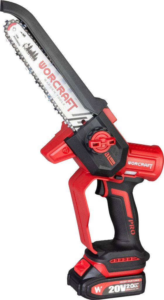 Akkumulátoros láncfűrész, Worcraft CHS-S20LiBDM ShareSYS, piros/fekete, mini, 2 Ah 20 V Li-Ion, vezetősín: 20 cm, 7,8 m/s láncsebesség, 50 ml olajtartály, akkumulátorral, töltővel, láncolajjal, kofferben