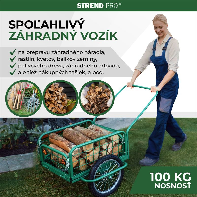 Kétkerekű kocsi, Strend Pro Garden Victor, zöld, felfújható kerekek, kiváló minőségű fém, 100 kg teherbírás