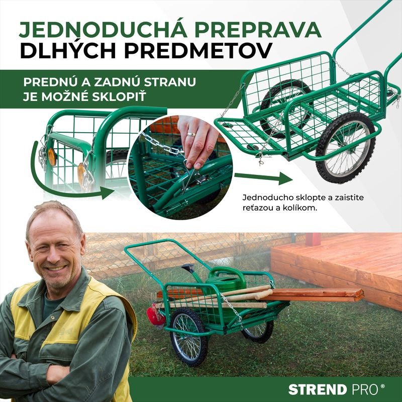 Kétkerekű kocsi, Strend Pro Garden Victor, zöld, felfújható kerekek, kiváló minőségű fém, 100 kg teherbírás