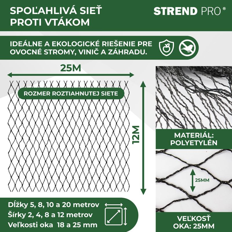 Madárháló, Strend Pro Garden A1206, 12 x 25 m, 25 x 25 mm szemméret, polietilén, madarak ellen, gyümölcsfákhoz és szőlőhöz