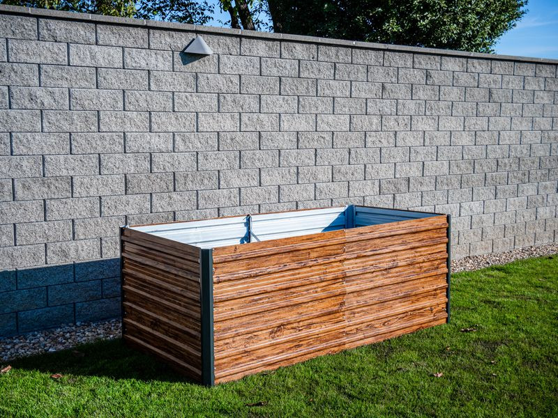 Magaságyás, Strend Pro Garden, 200 × 100 × 77 cm, 3D dizájn, fa mintás, fém, magasított Magaságyás, Strend Pro Garden, 200 × 100 × 77 cm, 3D dizájn, fa mintás, fém, magasított