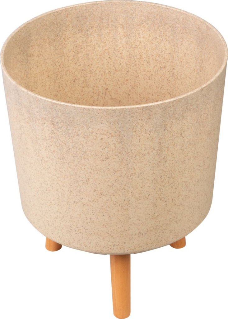 Műanyag virágcserép, Strend Pro Garden, bambuszszál, átmérő: 30 cm, magasság: 37 cm, fa lábakkal, 15,5 l, kerek