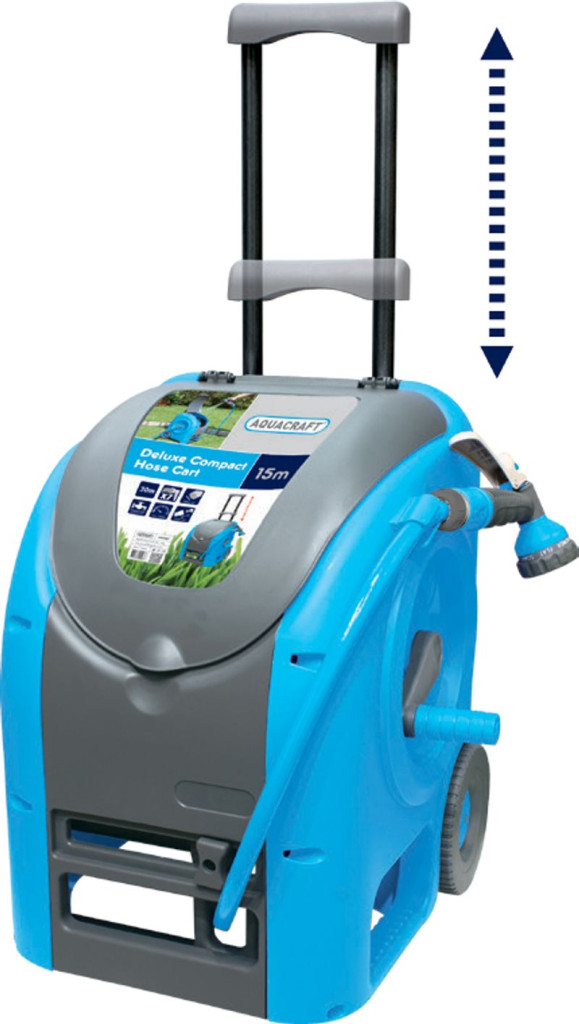 Kerti tömlődob, Aquacraft 990081 Deluxe Compact, kék, tömlővel, 1/2", 30 m, szórópisztollyal, csatlakozókkal, kézi hajtókar, teleszkópos fogantyú, kerekes