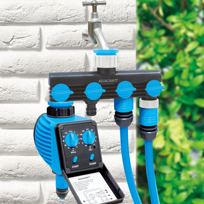 Kerti tömlőelosztó, Aquacraft 550634 Multi E, fekete, műanyag, 4 utas, különálló szelepekkel, kerti locsoláshoz és öntözőrendszerhez, 1 bemenet - 4 kimenet (256614)