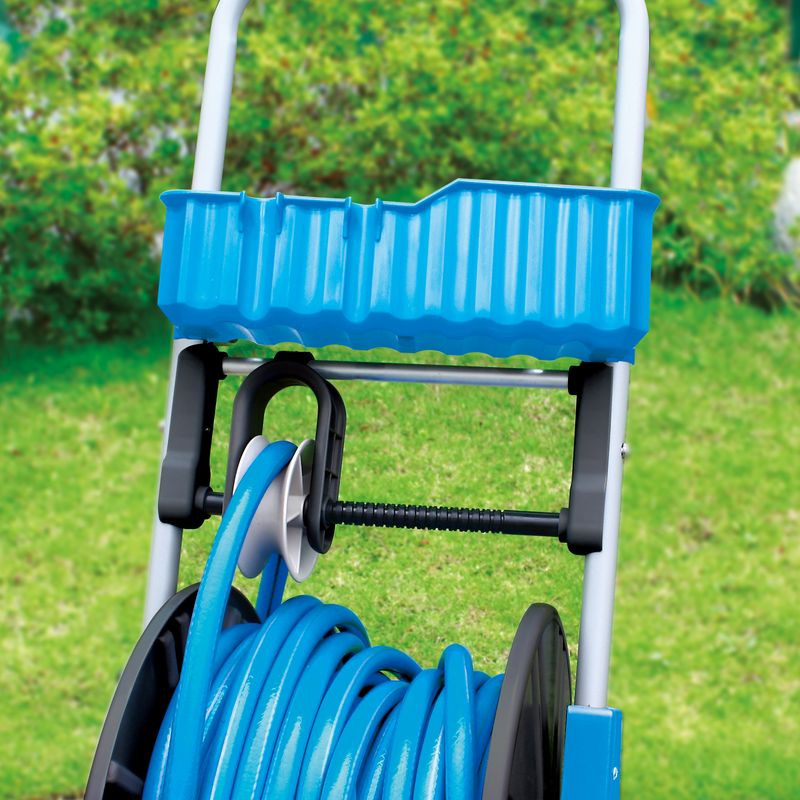 Kerti tömlőkocsi, Aquacraft 990051 Prémium, ezüst/kék, maximum 60 m 1/2" kerti tömlőhöz, acél és műanyag, kézi hajtókar, kerekes, szerszámtároló kosárral, tömlő nélkül