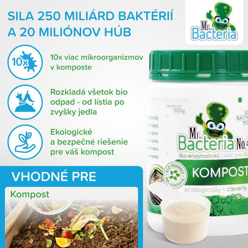 Komposztgyorsító, Mr.Bacteria No.4, 500 g, természetes, bio-enzimatikus, környezetbarát, komposzthoz