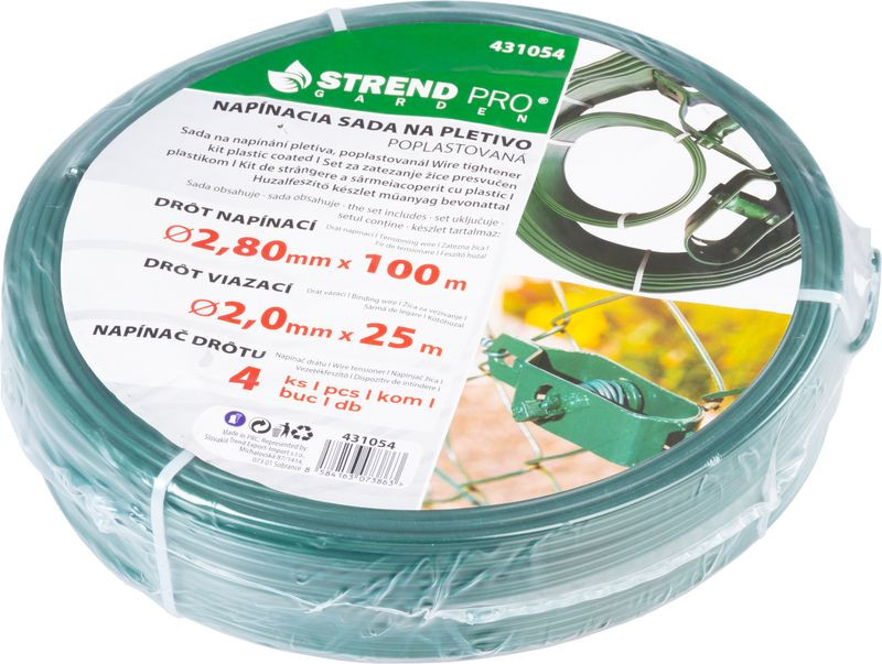 Feszítődrót készlet, Strend Pro Garden, zöld, átmérő: 2, 8 mm, hosszúság: 100 m + átmérő: 2, 0 mm, hosszúság: 25 m, acél, PVC bevonatú, kerítéshez, 4 db drótfeszítő (431054)