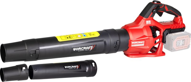 Akkumulátoros lombfúvó, Worcraft CLB-S40LiBA ShareSYS, piros/fekete, 2 x 20 V Li-Ion, légsebesség: 202 km/h, légszállítás: 13,5 m3/perc, 3 fúvókával, akkumulátor és töltő nélkül