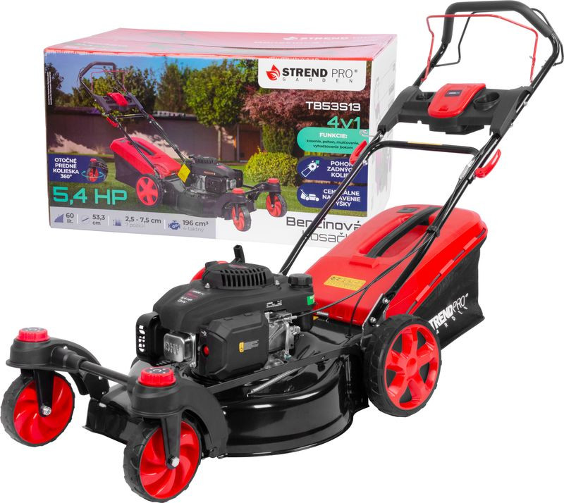 Benzinmotoros fűnyíró, Strend Pro Garden TB53S13, fekete/piros, vágásszélesség: 53,3 cm, Loncin V200 motor, 196 cm3, 4 ütemű, 4000 W, 5,4 LE, 3600 fordulat/perc, forgatható első kerekek, 60 l gyűjtőkosár, oldalkidobás, mulcsozás, önjáró