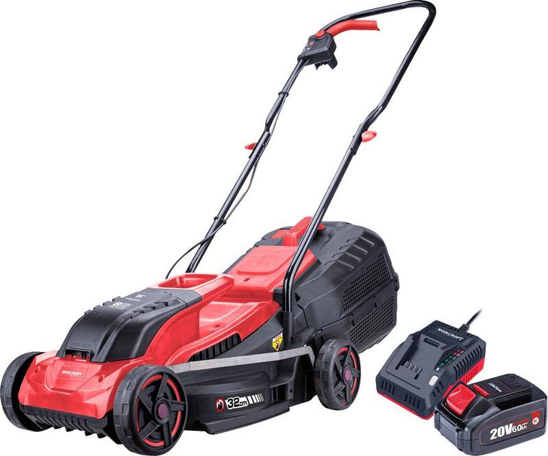 Akkumulátoros fűnyíró, Worcraft CLM-S20LiB ShareSYS, fekete/piros, vágásszélesség: 32 cm, 20 V Li-Ion, 6,0 Ah, 3500 fordulat/perc, 30 l gyűjtőkosár, akkumulátorral és töltővel