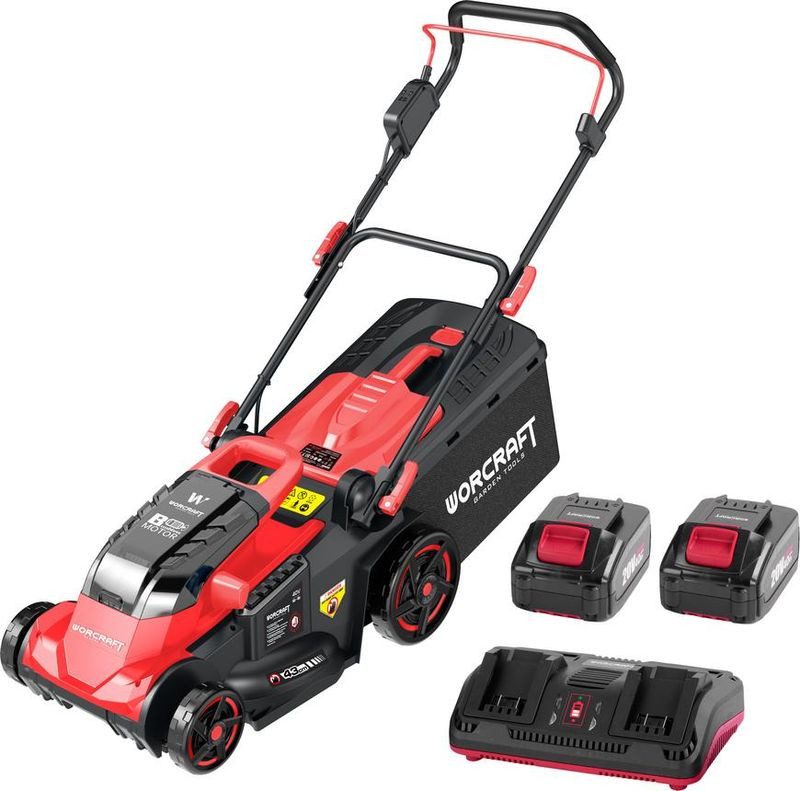 Akkumulátoros fűnyíró, Worcraft CLM-S40LiBL ShareSYS, fekete/piros, vágásszélesség: 43 cm, 2 x 20 V Li-Ion, 2 x 4,0 Ah, 45 l gyűjtőkosár, akkumulátorral és töltővel