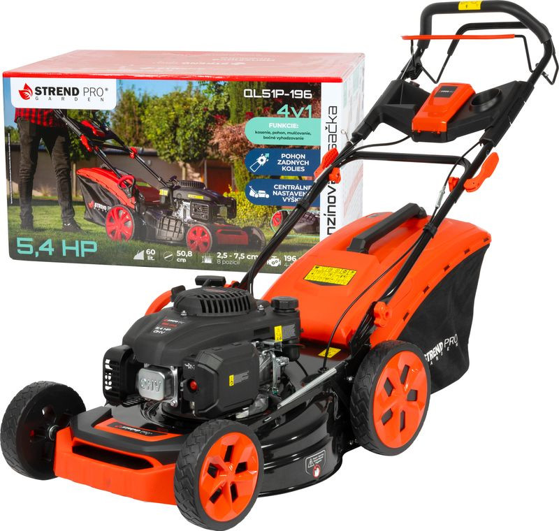 Benzinmotoros fűnyíró, Strend Pro Garden QL51PD-196, fekete/narancssárga, vágásszélesség: 51 cm, Loncin motor, 196 cm3, 4 ütemű, 4000 W, 5,4 LE, 3600 fordulat/perc, 60 l gyűjtőkosár, mulcsozás, oldalkidobás, önjáró