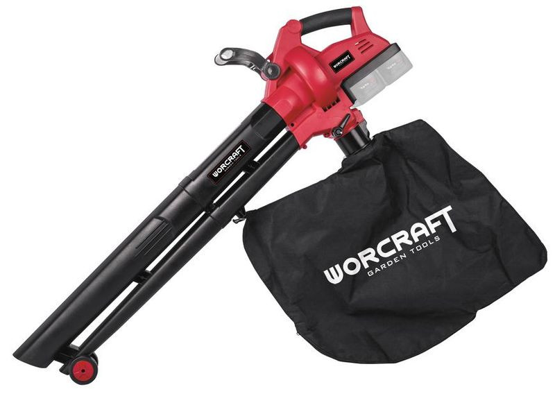 Akkumulátoros lombfúvó-szívó, Worcraft CLBV-S40Li ShareSYS, piros/fekete, 2 x 20 V Li-Ion, légsebesség: 230 km/h, légszállítás: 8 m3/perc, 45 l gyűjtőzsák, akkumulátor és töltő nélkül