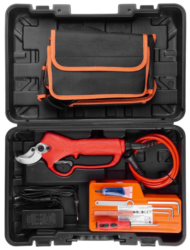 Akkumulátoros metszőolló, Strend Pro Profesional, piros, 4 Ah 36V, maximum 40 mm vastagság, biztonsági zárral, akkumulátorral és töltővel