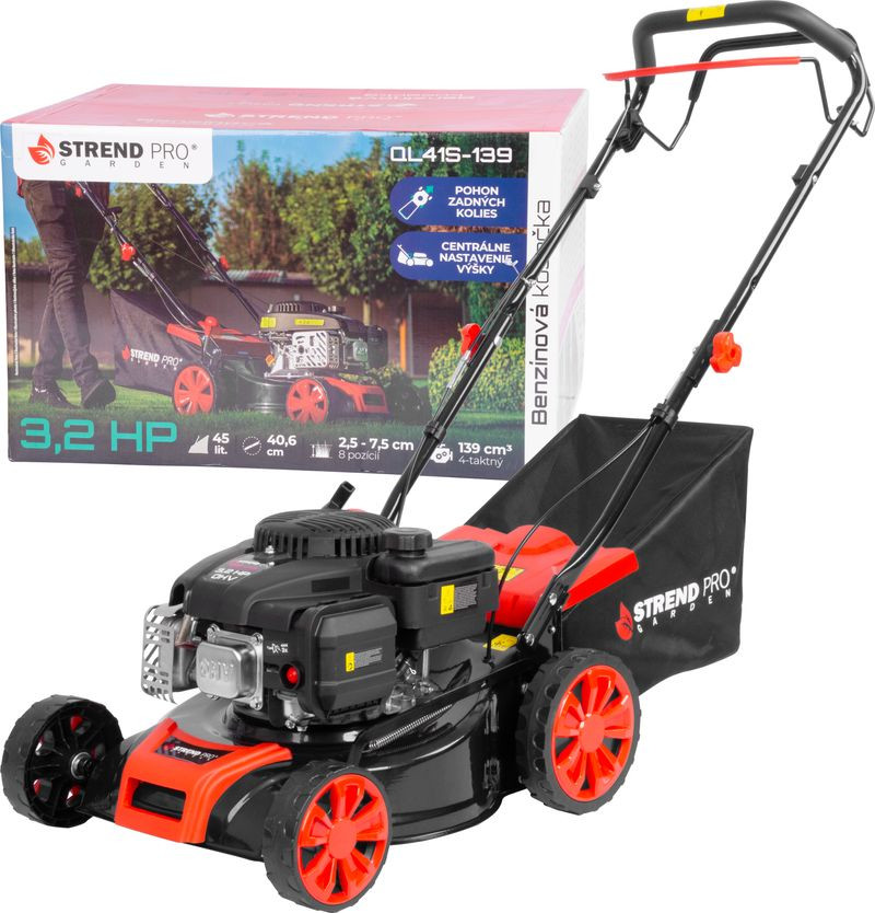 Benzinmotoros fűnyíró, Strend Pro Garden QL41S-139, fekete/piros, vágásszélesség: 40,6 cm, Loncin LC1P65FE-4 motor, 139 cm3, 4 ütemű, 2400 W, 3,2 LE, 3600 fordulat/perc, 45 l gyűjtőkosár, önjáró