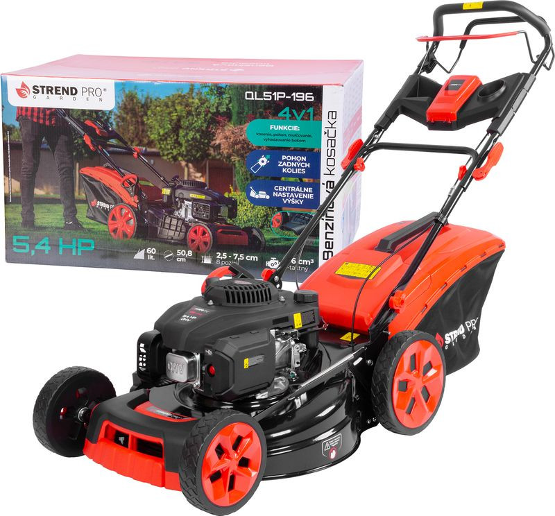 Benzinmotoros fűnyíró, Strend Pro Garden QL51P-196, fekete/piros, vágásszélesség 51 cm, Loncin V200 motor, 196 cm3, 4 ütemű, 4000 W, 5,4 LE, 3600 fordulat/perc, 60 l gyűjtőkosár, oldalkidobás, mulcsozás, önjáró