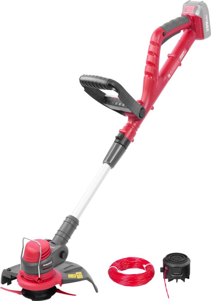Akkumulátoros fűkasza, Worcraft CGT-S20LiST ShareSYS, piros/fekete, 24 cm, 2 Ah 20 V Li-Ion, 9000 fordulat/perc, teleszkópos nyél, tartozékokkal, akkumulátor és töltő nélkül