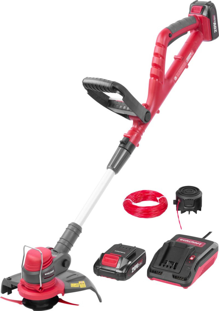 Akkumulátoros fűkasza, Worcraft CGT-S20LiSTA ShareSYS, piros/fekete, 24 cm, 2 Ah 20 V Li-Ion, 9000 fordulat/perc, teleszkópos nyél, tartozékokkal, akkumulátorral és töltővel