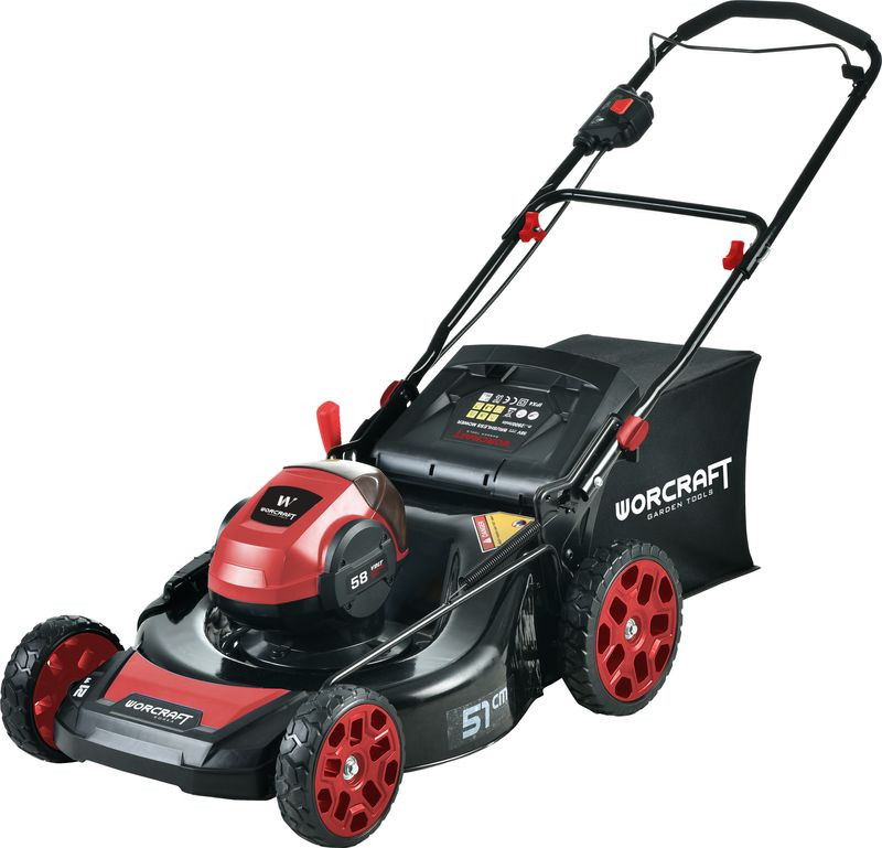 Akkumulátoros fűnyíró, Worcraft CLM-S58LiB, fekete/piros, vágásszélesség: 50,8 cm, 58 V Li-Ion, 3200 fordulat/perc, 60 l gyűjtőkosár, mulcsozás, oldalkidobás, akkumulátorral és töltővel