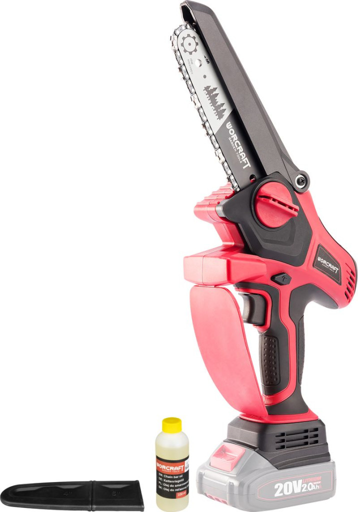 Akkumulátoros láncfűrész, Worcraft CHS-S20LiBP ShareSYS, piros/fekete, mini, 2-4 Ah 20V Li-Ion, vezetősín: 15 cm, 7,5 m/s láncsebesség, 40 ml olajtartály, akkumulátor és töltő nélkül