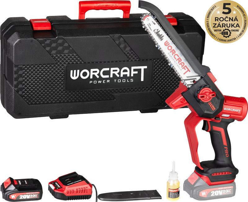 Akkumulátoros láncfűrész, Worcraft CHS-S20LiBDM ShareSYS, piros/fekete, mini, 2 Ah 20 V Li-Ion, vezetősín: 20 cm, 7,8 m/s láncsebesség, 50 ml olajtartály, akkumulátorral, töltővel, láncolajjal, kofferben