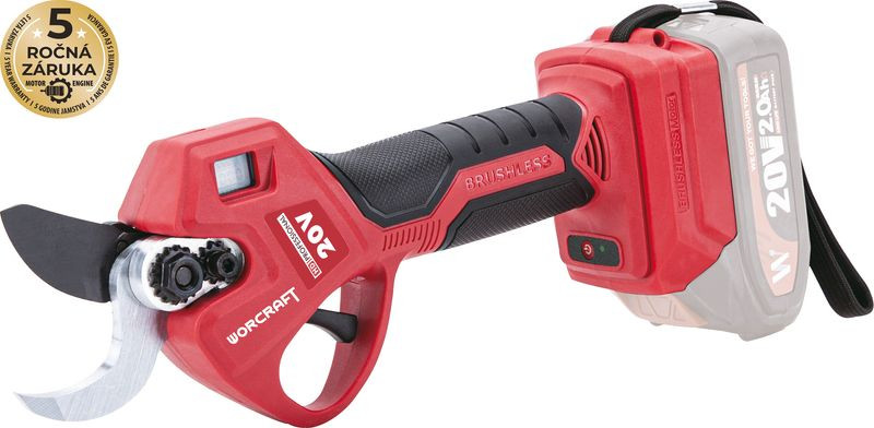 Akkumulátoros metszőolló, Worcraft CSC-S20LiBA ShareSYS, piros/fekete, 2 Ah 20 V Li-Ion, maximum 30 mm vastagság, LCD kijelző, akkumulátor és töltő nélkül
