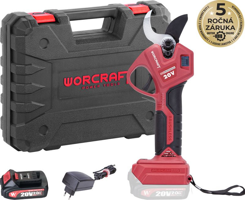 Akkumulátoros metszőolló, Worcraft CSC-S20LiBA ShareSYS, piros/fekete, 2 Ah 20 V Li-Ion, maximum 30 mm vastagság, LCD kijelző, akkumulátorral és töltővel, hordtáskában