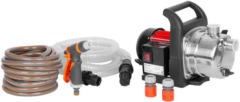 Elektromos kerti szivattyú, Strend Pro Garden MJP1000, szürke/fekete, 1000 W, 1,2 m kábel, maximális emelőmagasság: 44 m, 57 l/perc, tiszta és klóros vízhez, komplett készlet tömlőkkel és fúvókával