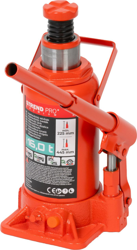 Hidraulikus emelő, Strend Pro, piros, 16000 kg teherbírás, 22,5–44,5 cm emelési magasság, öntöttvas ház, biztonsági szelep