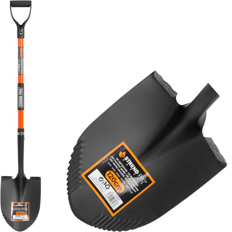 Ásó, Strend Pro Premium, 123 cm, hegyes fej, fekete-narancssárga, acél fej, üvegszálas nyél, D markolat, bordázott él, vízelvezető kialakítás