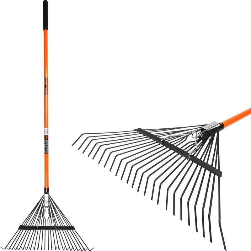 Lombseprű, gereblye, Strend Pro Garden, fekete/narancssárga, 24 fogú, acél fej, üvegszálas nyél, 58 cm munkaszélesség, 120 cm nyél