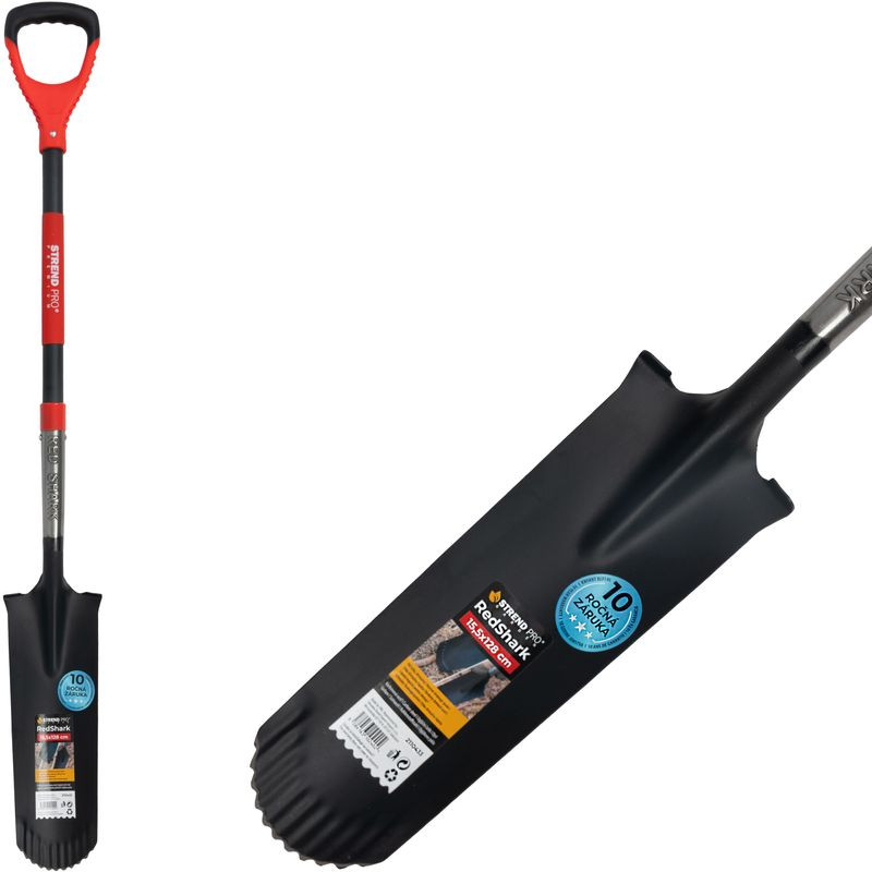 Ásó, Strend Pro Premium RedShark, 128 cm, keskeny fej, fekete/piros, acél fej, üvegszálas nyél, D markolat, fogazott él, bordázott, csatornázó