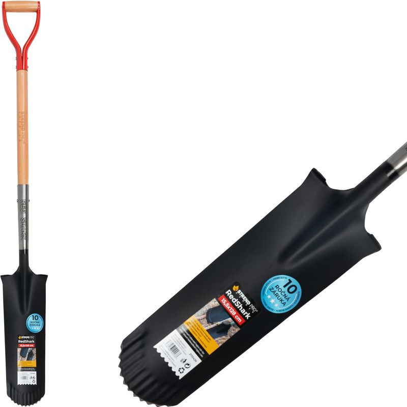 Ásó, Strend Pro Premium RedShark, 128 cm, keskeny fej, fekete, acél fej, fa nyél, D markolat, fogazott él, bordázott, csatornázó