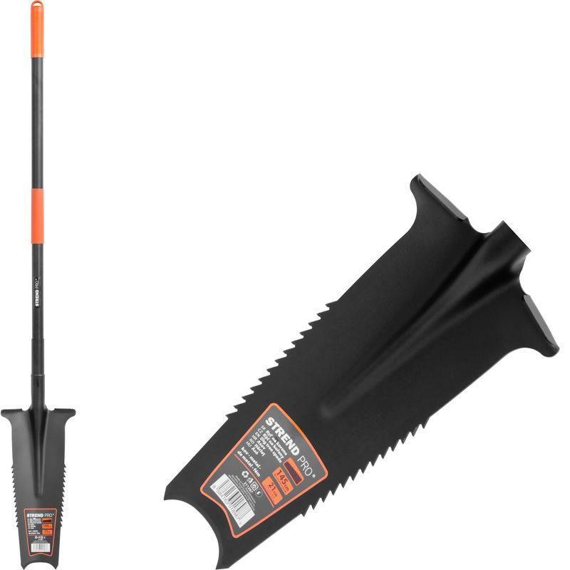 Ásó, Strend Pro Garden MW1-4ML, keskeny fej, fekete, acél fej, fogazott él, csatornázó