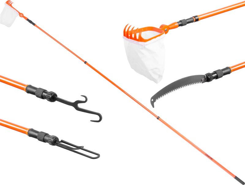 Gyümölcsszedő, Strend Pro Garden GT7031, narancssárga, teleszkópos nyél, 150-360 cm, fém nyél, zsákkal és szűrővel, fűrész rögzíthető