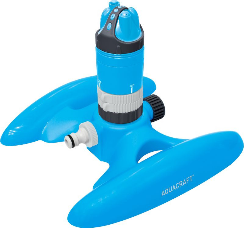 Kerti locsolófej, Aquacraft 270150 Prémium, kék, forgó 360°, 5 permetezési mód, állítható szektorszórás, maximum 315 m2 öntözési terület