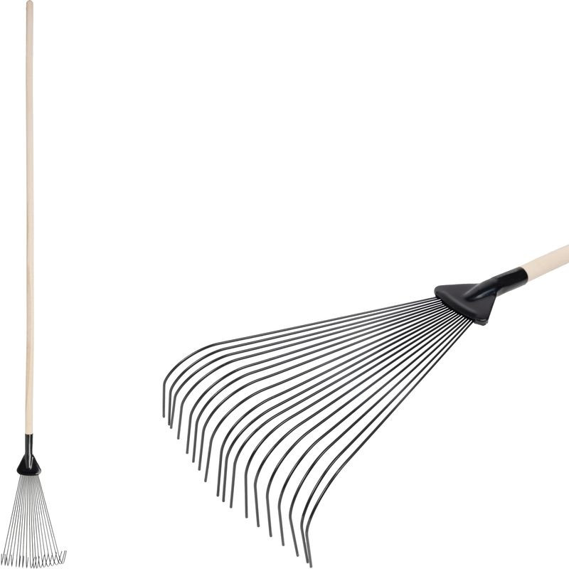 Lombseprű, gereblye, Strend Pro Garden, fekete, 18 fogú, acél fej, fa nyél, 22,5 cm munkaszélesség, 200 cm nyél