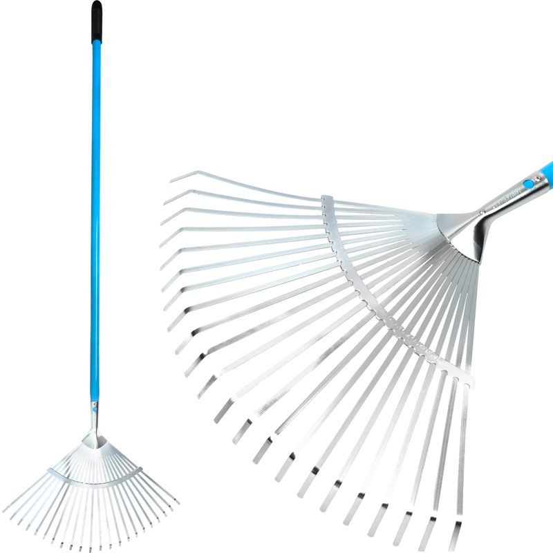 Lombseprű, gereblye, Aquacraft 380352, ezüst/kék/fekete, 22 fogú, acél fej, alumínium nyél, 46 cm munkaszélesség, 158 cm nyél