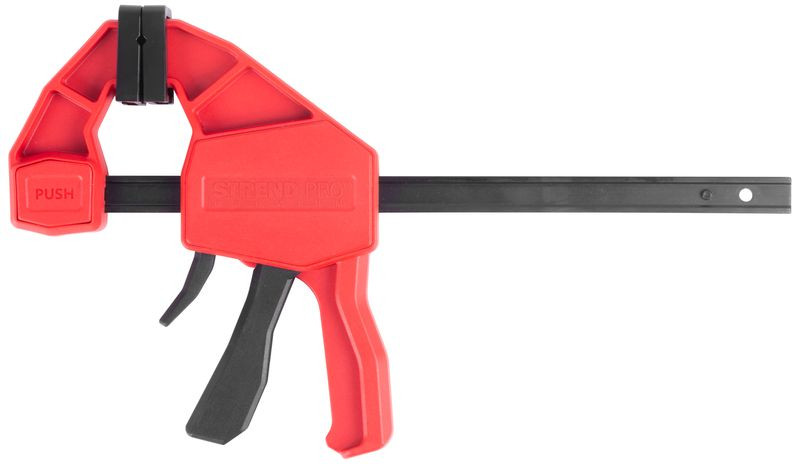 Gyorsszorító, Strend Pro Premium DT6608, fekete/piros, 150 mm, egykezes, gyors kioldással, nyújtásra is alkalmas, maximum 150 kg szorítónyomás