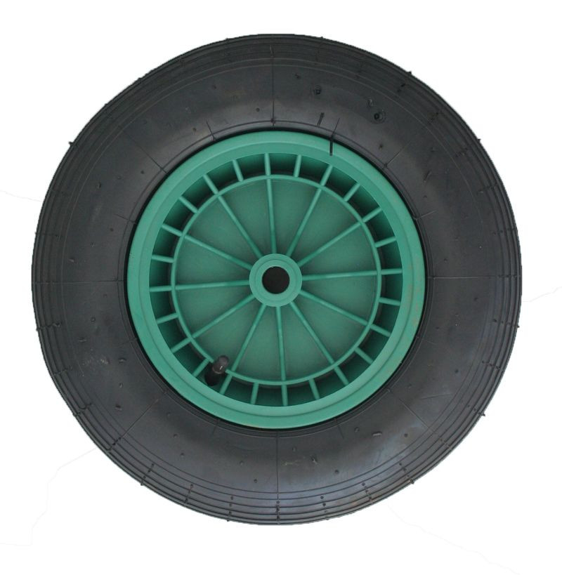 Talicska és kézikocsi kerék, Strend Pro Garden Greenlawn, fekete/zöld, 38 cm átmérő, 9 cm szélesség, tengelyfurat: 20 mm, műanyag tűcsapágy, PE és fém tárcsa