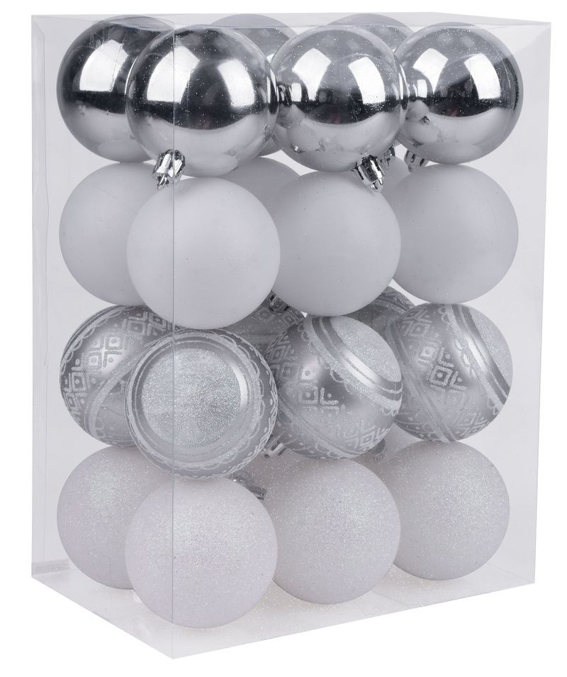 MagicHome karácsonyi gömbök, 24 db, fehér-ezüst, mix, karácsonyfára, 6 cm