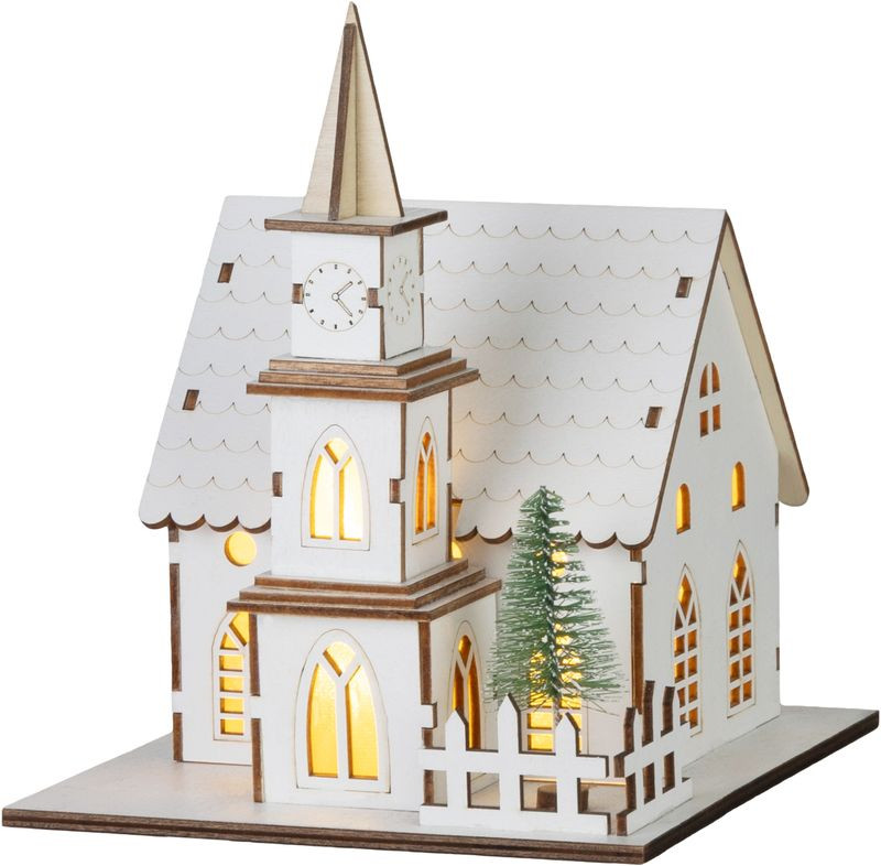 Karácsonyi dekoráció, MagicHome Vianoce, templom, 15 × 17 × 18,5 cm, 6 db melegfehér LED, fa, elemes (2 × AAA), beltéri